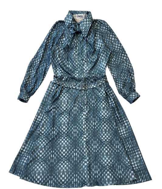 Carnegie 70s Vintage Green Collared Belted A-Line Dress Women's Size 10