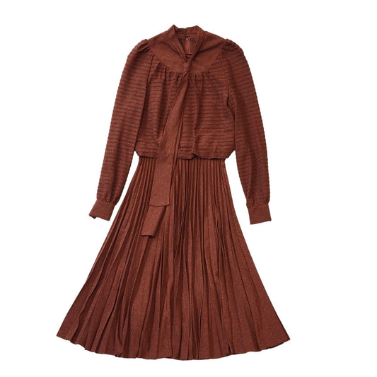 Claudie Amos 70s Vintage Brown Long Sleeve Pleated Dress Women's Size 10
