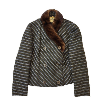 70s Vintage Koupy Grey & Brown Striped Jacket & Dress Women's Size 14 Eu 42